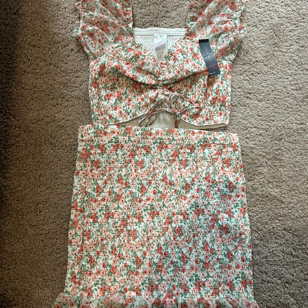 Floral Skirt Set - Cream and Red